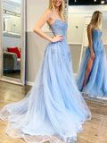  Spagehtti Straps Appliques A-Line Blue Tulle Prom Dress