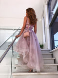 Spaghetti Straps High Low A-Line  Lilac Prom Party Dress with Flowers