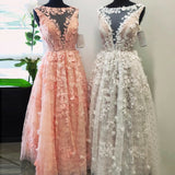 Bateau Floor-Length Pink/Ivory Lace Prom Dress with Appliques