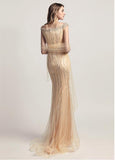 Gold Tulle Scoop Mermaid Evening Dress With Beadings