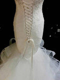 Slim Mermaid Tiered Tulle Bateau Crystal Beading Cathedral Wedding Dress