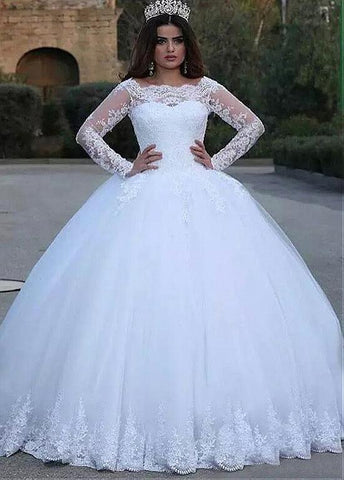 Tulle Bateau Long Sleeve Ball Gown Wedding Dress With Lace Appliques