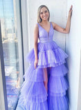  A-Line Purple Tiered Hi Lo Tulle V-neck Beading Prom Dress