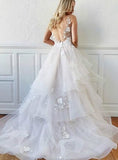 Backless A-Line White Tulle Appliques V-neck Wedding Dress