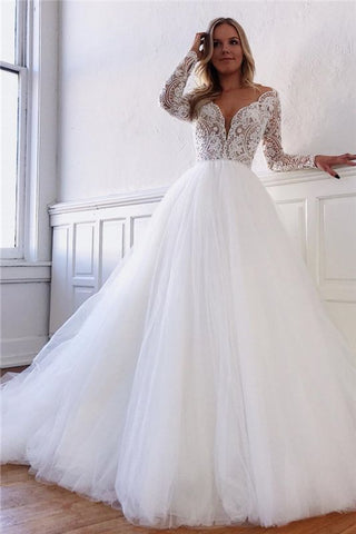 Vintage Fluffy Tulle Lace Bridal Long Sleeve See Trough Wedding Dress