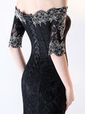 Black Mermaid Off-the-Shoulder Appliques Lace Half Sleeves Court Train Evening Dress