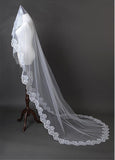 Beautiful White Tulle Cathedral Wedding Veil With Lace Applique Edge