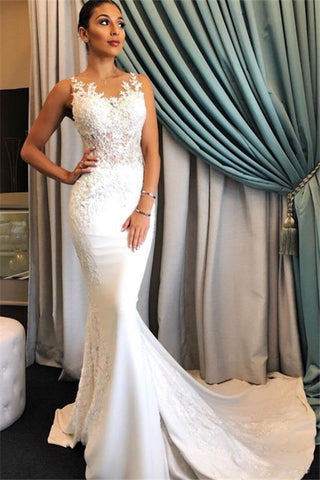 Lace Sweep Train Applique Mermaid Sheer Bridal Gowns Wedding Dress