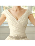 Matte Satin V-Neck Beading Cathedral Wedding Dress