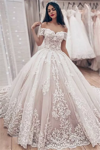 Tulle Appliques Ball Gown Off The Shoulder Puffy Princess Lace Wedding Dress
