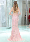 Pink Tulle Halter Neckline Backless Mermaid Prom Dresses With Beadings