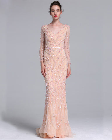 Pink Beading Mermaid Tulle Prom Dress