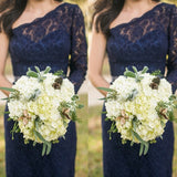 One Shoulder Short Navy Blue Lace Bridesmaid Dress with Sash