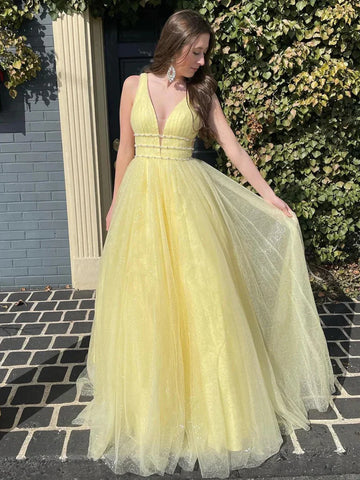 Backless Yellow Tulle Long A Line V Neck Prom Dress