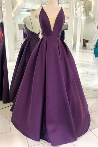 Grape Purple Satin V Neck Backless Long Prom Dress