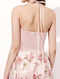 Pink Sleeveless Halter Flower Prom Dress