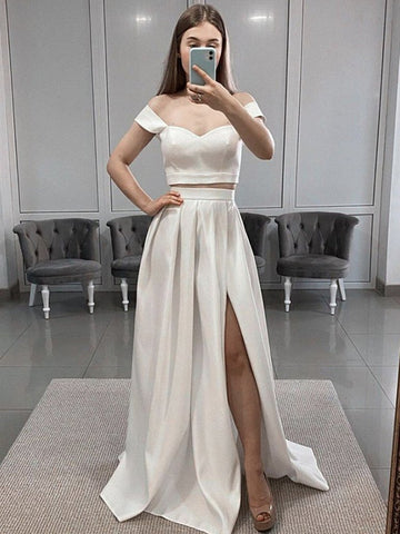 Satin Straps Long Two Piece Ivory Prom Dress With Slit