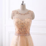 Chic Coral Tulle Scoop Beading Aplliques Evening Prom Dress
