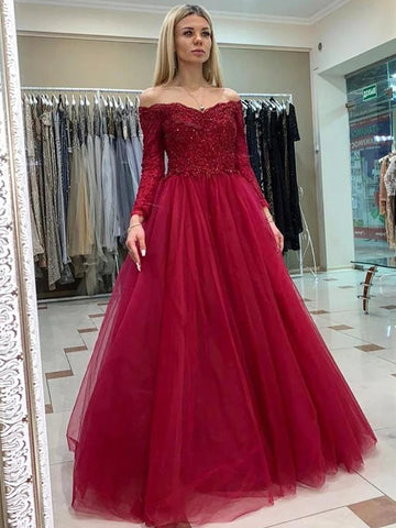 Long Sleeves Tulle Burgundy Off The Shoulder Lace Prom Dress