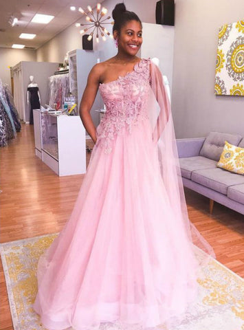 A-Line Pink Tulle Appliques One Shoulder Long Prom Dress