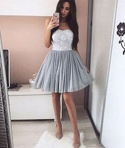 Sample Strapless Gray Tulle Lace Short Prom Homecoming Dress