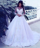 Jewel Long Sleeves Tulle Appliques Bridal Ball Gown Wedding Dress