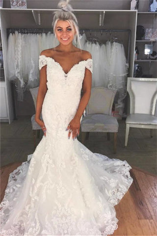 See Through Off The Shoulder Mermaid Lace Appliques Wedding Dress
