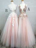 A-Line V-Neck Floor-Length Pink Prom Dress with Appliques Beading