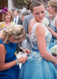 Elegant Tulle & Organza Bateau Neckline Tea-length A-line Bridesmaid Dresses With Lace
