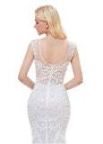 White Tulle Jewel Long Sequins Mermaid Evening Dress