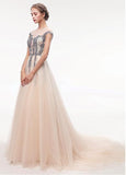  Tulle Jewel Champagne Appliques See Through Prom Dress With Beadings