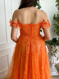 Off The Shoulder Orange Long Prom Dress With High Slit