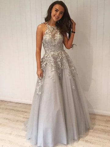 Gray Halter Tulle Appliques Cute A Line Long Prom Dress