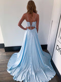 Light Blue Appliques Beading Satin Spaghetti Straps Prom Dress With Slit
