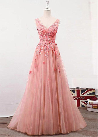 Tulle V-neck Handmade Flowers Pink Prom Dress