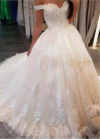 Tulle Off-the-shoulder Beading Appliques Ball Gown Wedding Dress