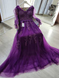Purple See Through Long Sleeve V Neck Beading Tulle Prom Dress