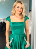 Green Satin Beading Pockets Sexy Straps Long Satin Prom Dress