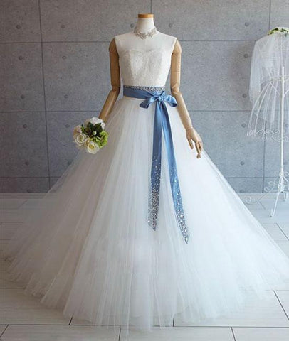 White Long Tulle Illusion Neck A Line Wedding Dress