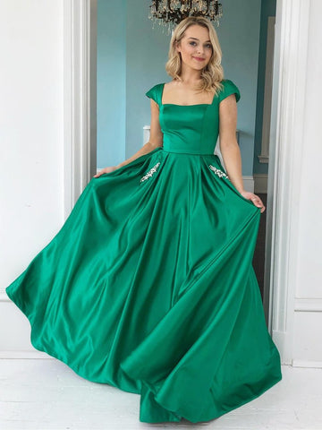 Green Satin Beading Pockets Sexy Straps Long Satin Prom Dress