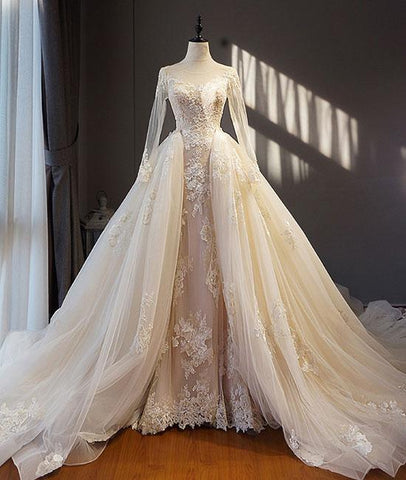 Unique Long Sleeve Champagne Tulle Wedding Dress