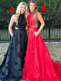 Applique Long A-Line Red Halter Satin Prom Dress