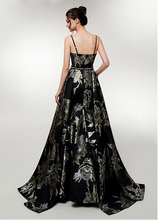 Flower Black A Line Spaghetti Straps Prom Dress