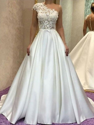 Sleeveless White Satin Princess One-Shoulder Wedding Dresses with Lace
