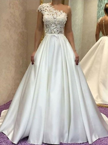 Sleeveless White Satin Princess One-Shoulder Wedding Dresses with Lace ...