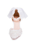 Sweet Lace Upper Pointed Toe Stiletto Heels Wedding/ Bridal Party Shoes With Ribbon & Pearls & Lace Flowers