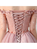 Pink Lace Half Sleeves Short Homecoming Dress