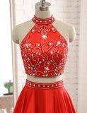 Red Satin High Neck Prom Dress