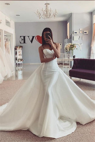 Satin Mermaid Strapless Cheap Wedding Dress With Detachable Overskirt