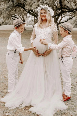 Lace Maternity Tulle Skirt Appliques 3/4 Sleeves Wedding Dress